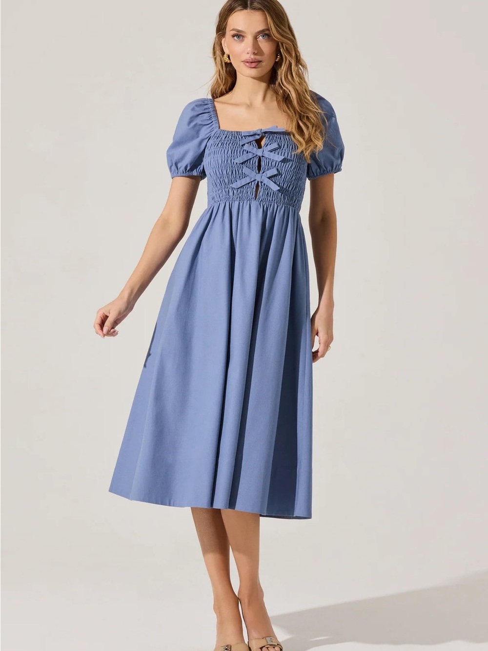 Astr Periwinkle Blue Smocked Bodice Midi Dress with Puff Sleeves